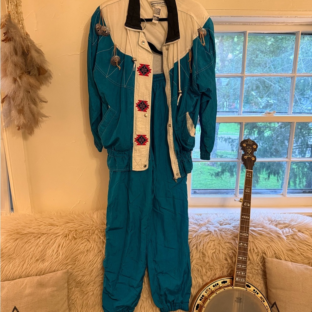 Vintage Western Teal and White Tracksuit with Embroidery and conchos